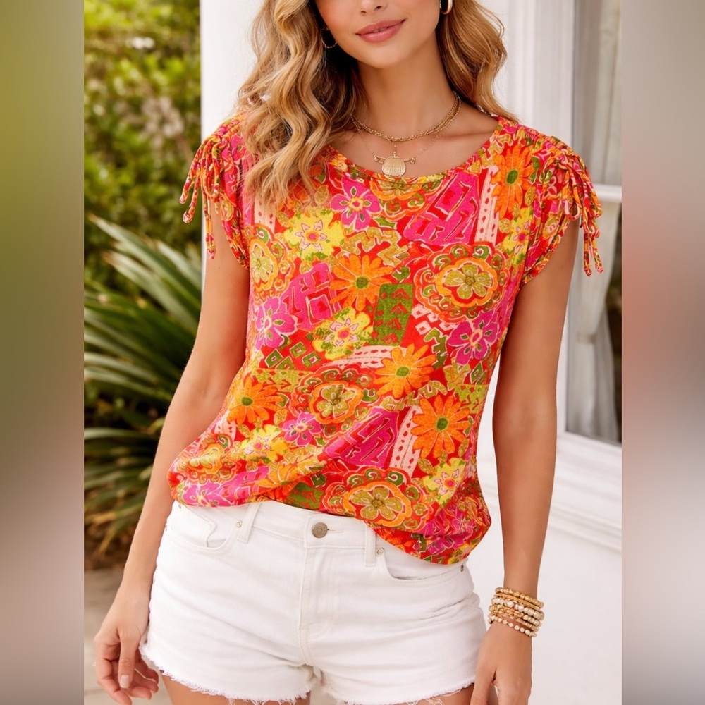 Nicole Miller 100% Linen Floral Top Bright Boho Print Size S
